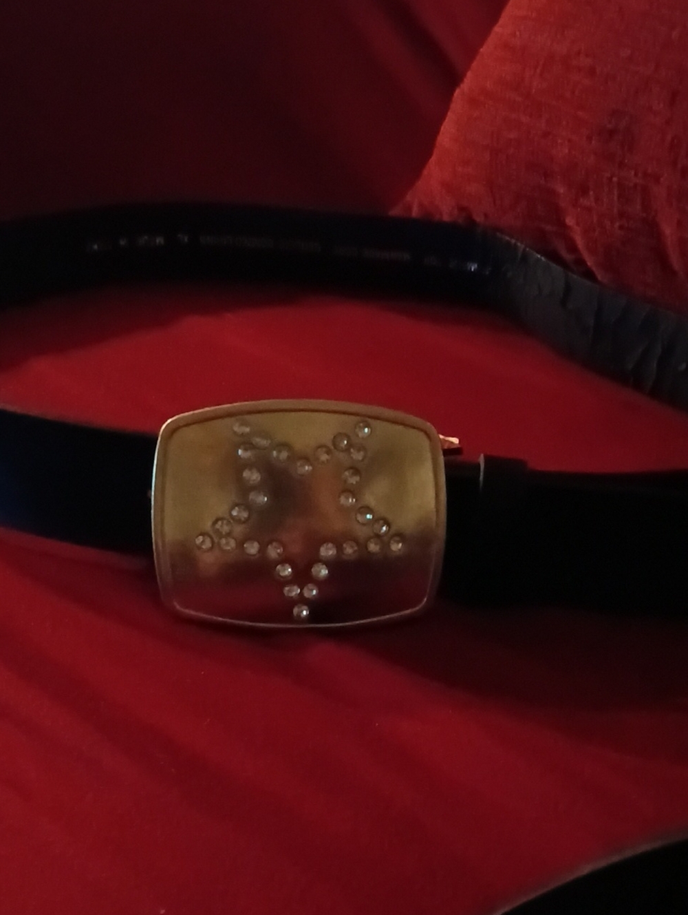 Faded Glory Black Leather Belt with Gold Star Crystal Buckle